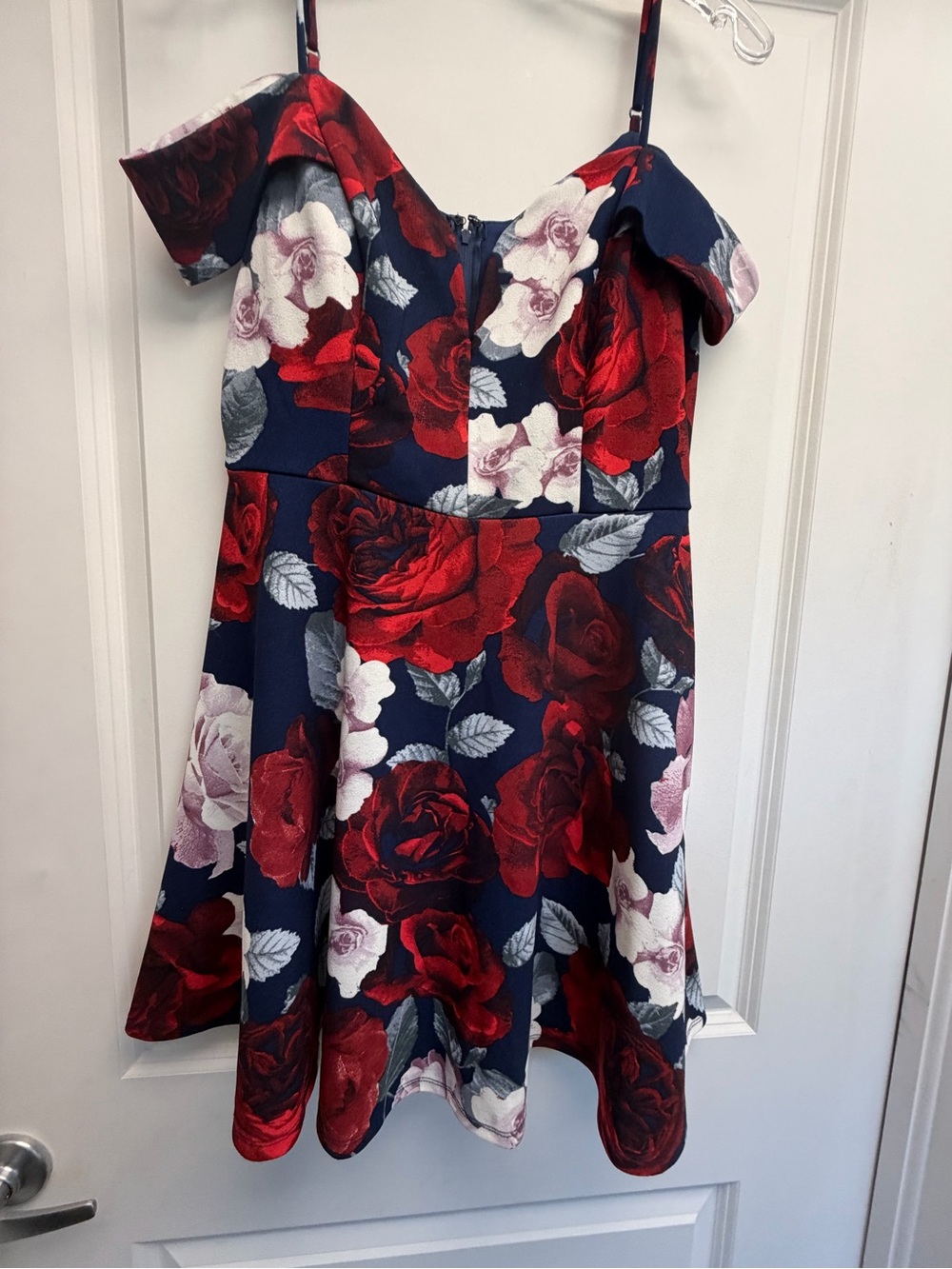 City Studio Navy Floral Off-Shoulder Dress with Red Roses